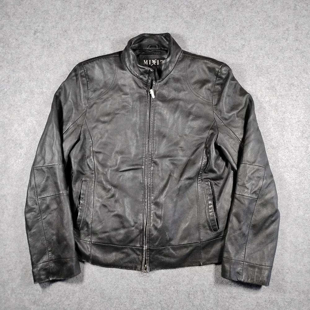 Mixit Womens Black Genuine Leather Moto Jacket Stand Collar Full Zip Size Large